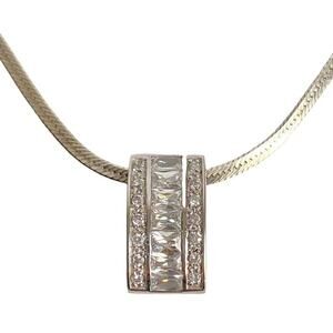 Vintage Sterling Silver Cubic Zirconia Necklace Slider Pendant Herringbone Chain